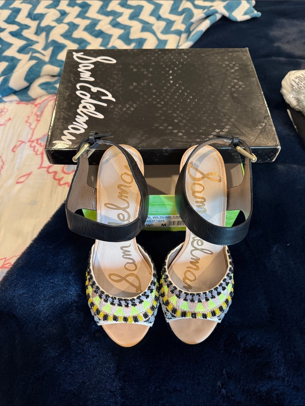 Sam Edelman Black Ankle-Strap Beaded Sandals with Yellow Accents
